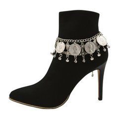 Brand New Women Silver Metal Boot Chain Bracelets Shoe Anklet Bling Multi Coin Ethnic Charm Set 2PCS BC997