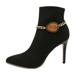 Brand New Women Gold Metal Boot Chain Bracelets SET Shoe Anklet Brown Water Drop Big Bead Charm 2PCS BC995