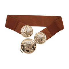 Brand New Women Brown Wide Elastic Waistband Fashion Belt Gold Metal Greek Coin Size S M - WB1