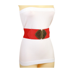 Brand New Women Red Wide Elastic Waistband Fashion Belt Antique Gold Metal Filigree Buckle Size S M WB12