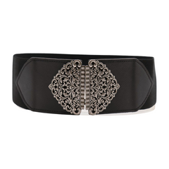 Brand New Women Black Wide Elastic Waistband Fashion Belt Antique Silver Metal Filigree Buckle Size S M - WB13