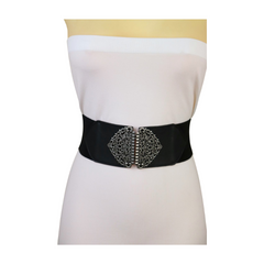 Brand New Women Black Wide Elastic Waistband Fashion Belt Antique Silver Metal Filigree Buckle Size S M - WB13