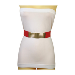 Brand New Women Coral Elastic Waistband Fashion Belt Gold Stripes Metal Buckle Size S M - WB14