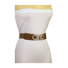 Brand New Women Taupe Color Elastic Waistband Fashion Belt Gold Bling Metal Knot Buckle Size S M - WB16