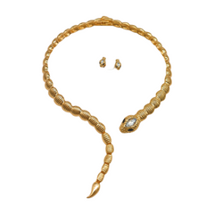 NEW Women Gold Metal Wrap Around Short Snake Necklace + Earrings Set
