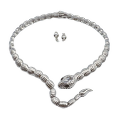 NEW Women Silver Metal Wrap Around Cobra Snake Short Necklace + Earrings Set