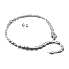 NEW Women Silver Metal Wrap Around Cobra Snake Short Necklace + Earrings Set