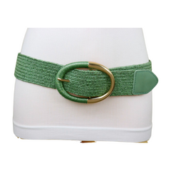 Cool Women Green Braided Elastic Fashion Belt Gold Metal Oval Buckle Size S M L