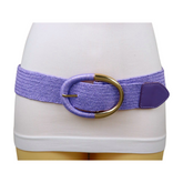 Women Lavender Purple Braided Elastic Fashion Belt Gold Metal Oval Buckle S M L