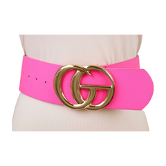 Women Bright Pink Wide Faux Leather Belt Gold Metal Circle Buckle Size S M