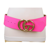 Women Bright Pink Wide Faux Leather Belt Gold Metal Circle Buckle Size S M