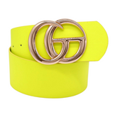 Women Bright Neon Yellow Wide Faux Leather Belt Gold Metal Circle Buckle Fit S M