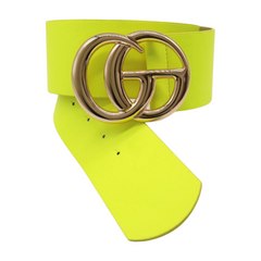 Women Bright Neon Yellow Wide Faux Leather Belt Gold Metal Circle Buckle Fit S M
