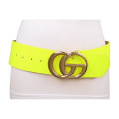 Women Bright Neon Yellow Wide Faux Leather Belt Gold Metal Circle Buckle Fit S M