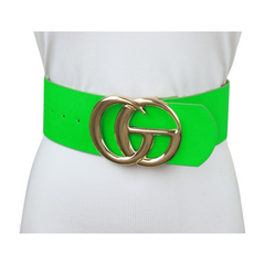 Women Bright Green Neon Wide Faux Leather Belt Gold Metal Circle Buckle S M