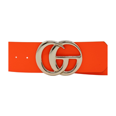 Women Neon Orange Wide Faux Leather Fashion Belt Gold Metal Circle Buckle S M
