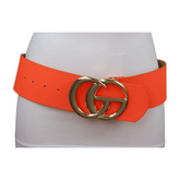 Women Neon Orange Wide Faux Leather Fashion Belt Gold Metal Circle Buckle S M