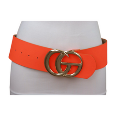 Women Neon Orange Wide Faux Leather Fashion Belt Gold Metal Circle Buckle S M
