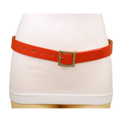 Women Orange Faux Leather Skinny Band Classic Belt Gold Metal Square Buckle M L