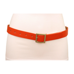 Women Orange Faux Leather Skinny Band Classic Belt Gold Metal Square Buckle M L