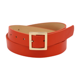Women Orange Faux Leather Skinny Band Classic Belt Gold Metal Square Buckle M L