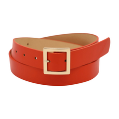 Women Orange Faux Leather Skinny Band Classic Belt Gold Metal Square Buckle M L