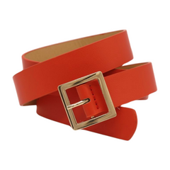 Women Orange Faux Leather Skinny Band Classic Belt Gold Metal Square Buckle M L