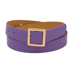 Women Lavender Faux Leather Skinny Belt Gold Metal Square Buckle S M