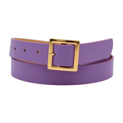 Women Lavender Faux Leather Skinny Belt Gold Metal Square Buckle S M