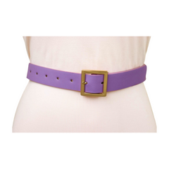 Women Lavender Faux Leather Skinny Belt Gold Metal Square Buckle S M