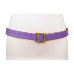 Women Lavender Faux Leather Skinny Belt Gold Metal Square Buckle S M