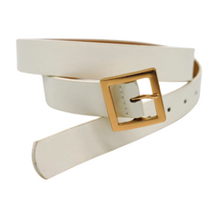 Women White Faux Leather Skinny Waistband Fashion Belt Gold Square Buckle S M