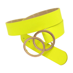 Women Neon Bright Yellow Faux Leather Band Belt Gold Metal Circle Buckle M L