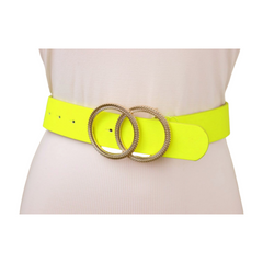 Women Neon Bright Yellow Faux Leather Band Belt Gold Metal Circle Buckle M L