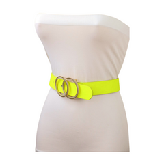 Women Neon Bright Yellow Faux Leather Band Belt Gold Metal Circle Buckle M L