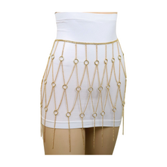 New Women Gold Metal Chain Circle Rings Skirt Belt High Waist Size S M