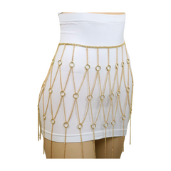 New Women Gold Metal Chain Circle Rings Skirt Belt High Waist Size S M