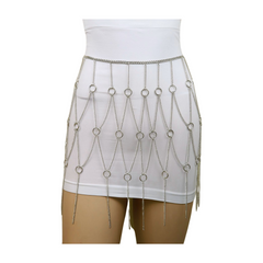 New Women Silver Metal Chain Circle Rings Skirt Belt High Waist S M