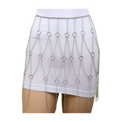 New Women Silver Metal Chain Circle Rings Skirt Belt High Waist S M