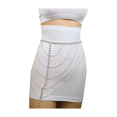 New Women Silver Metal Chain Wave High Waist Belt Rhinestones Size S M