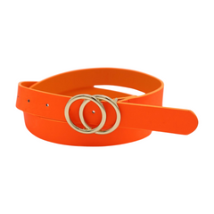 Women Neon Orange Faux Leather Skinny Fashion Belt Gold Metal Circles Buckle S M