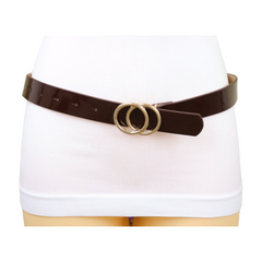 Women Chocolate Brown Faux Leather Skinny Belt Gold Metal Circles Buckle Fit Size M L