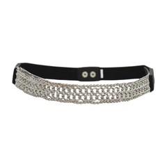 Women Black Elastic Waistband Skinny Fashion Belt Silver Metal Chain Links S M
