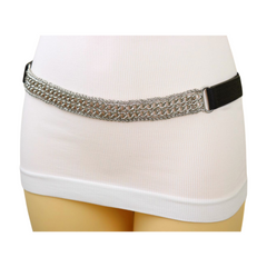 Women Black Elastic Waistband Skinny Fashion Belt Silver Metal Chain Links S M