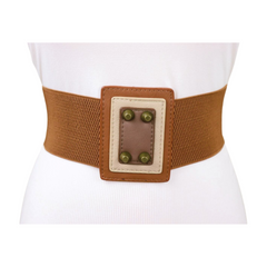 Women Brown Wide Elastic Fashion Belt Geometric Square Antique Gold Studs Size S M
