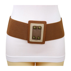 Women Brown Wide Elastic Fashion Belt Geometric Square Antique Gold Studs Size S M