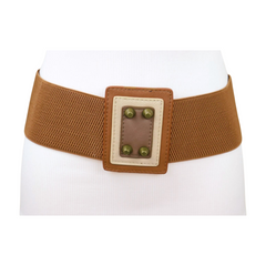 Women Brown Wide Elastic Fashion Belt Geometric Square Antique Gold Studs Size S M