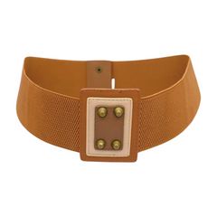 Women Brown Wide Elastic Fashion Belt Geometric Square Antique Gold Studs Size S M