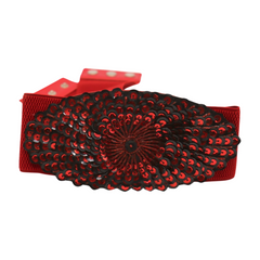 Women Red Wide Elastic Fashion Belt Black Sequins Beads Peacock Feather Size S M