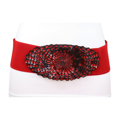 Women Red Wide Elastic Fashion Belt Black Sequins Beads Peacock Feather Size S M